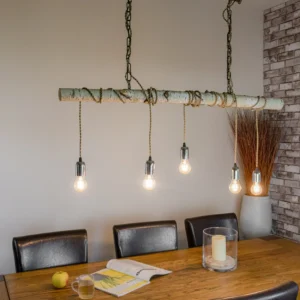 Berkenstam hanglamp Met ketting en beige stofkabel B120cm